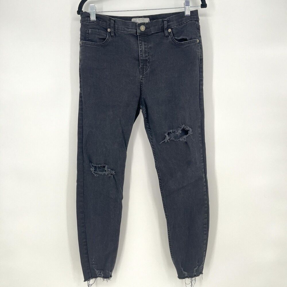 Free People Skinny Jeans Womens 31 Black Distressed Raw Hem Stretch Denim - Picture 1 of 10